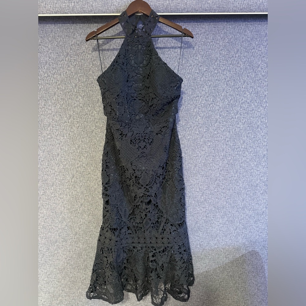 Navy Blue Lace Halter Midi Dress (Size 6)